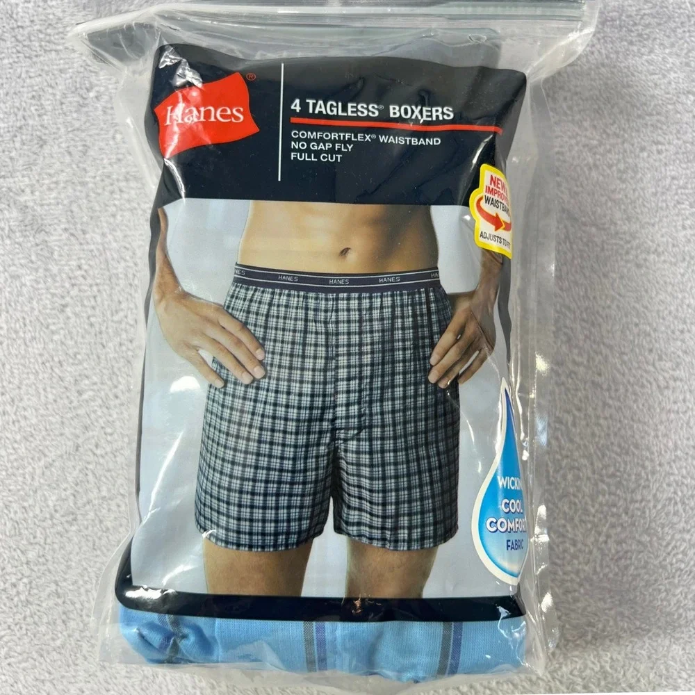 Hanes Tagless Boxers Men Large Blue Gray Plaid 4-Pack Yarn Dye ComfortFlex New